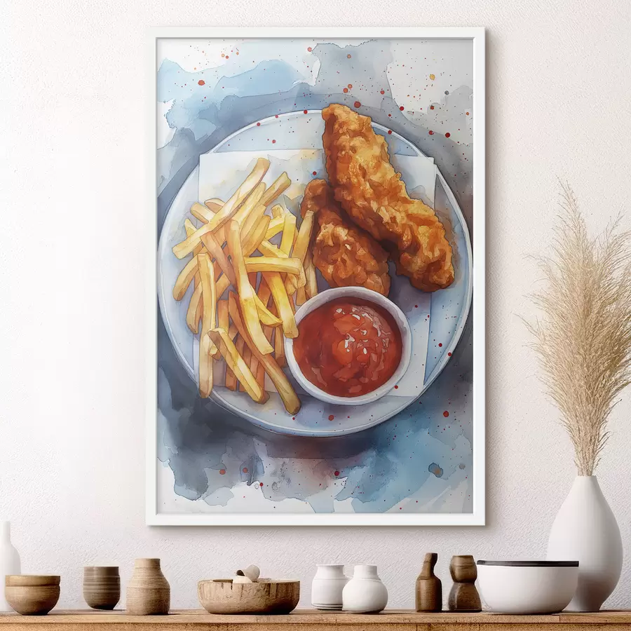 carta da parati Cibo di strada dell'acquerello, patatine fritte con pollo arrosto, delizioso nr. f39709