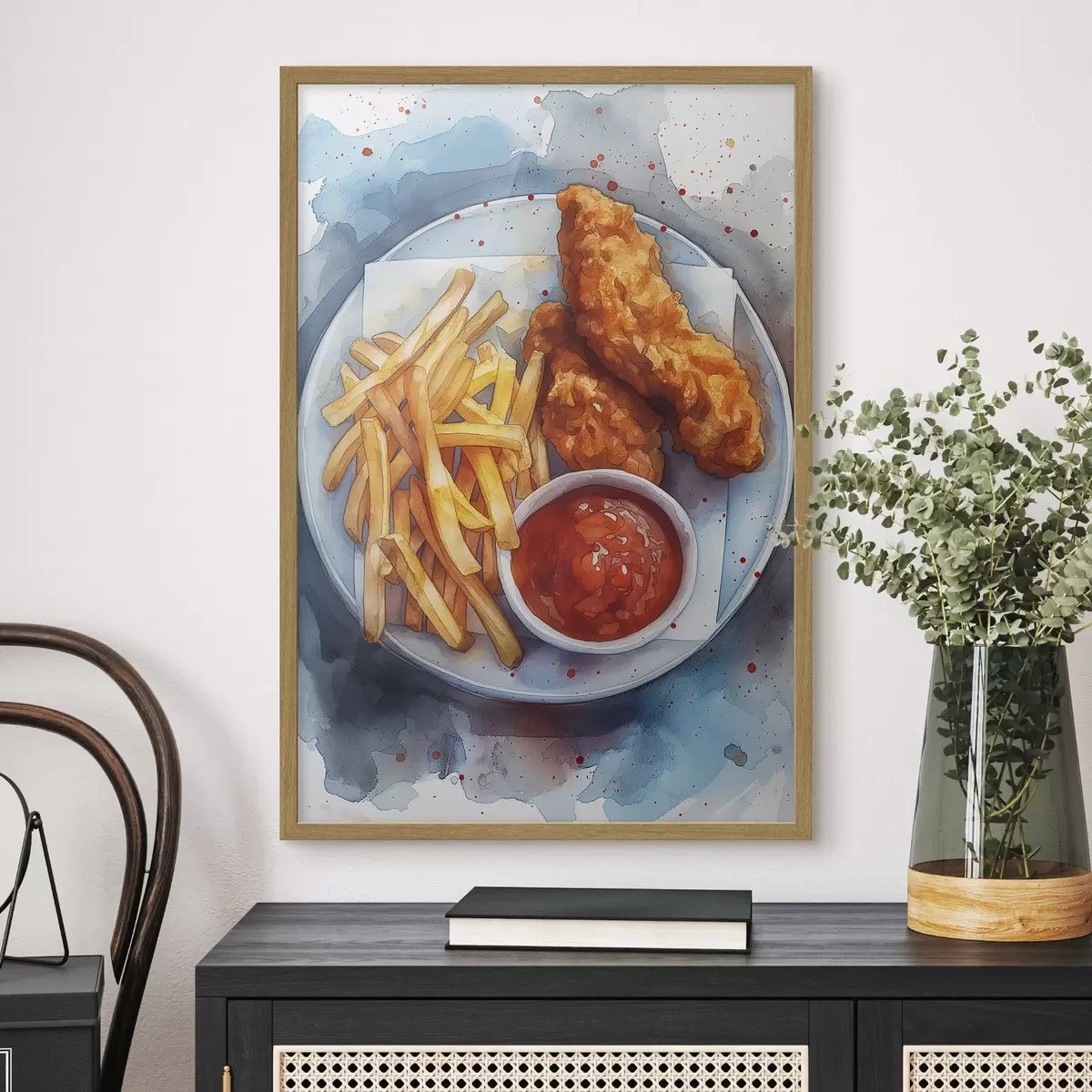 Poster Cibo di strada dell'acquerello, patatine fritte con pollo arrosto, delizioso f39709