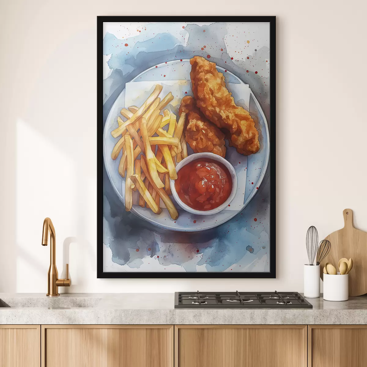 Poster Cibo di strada dell'acquerello, patatine fritte con pollo arrosto, delizioso f39709