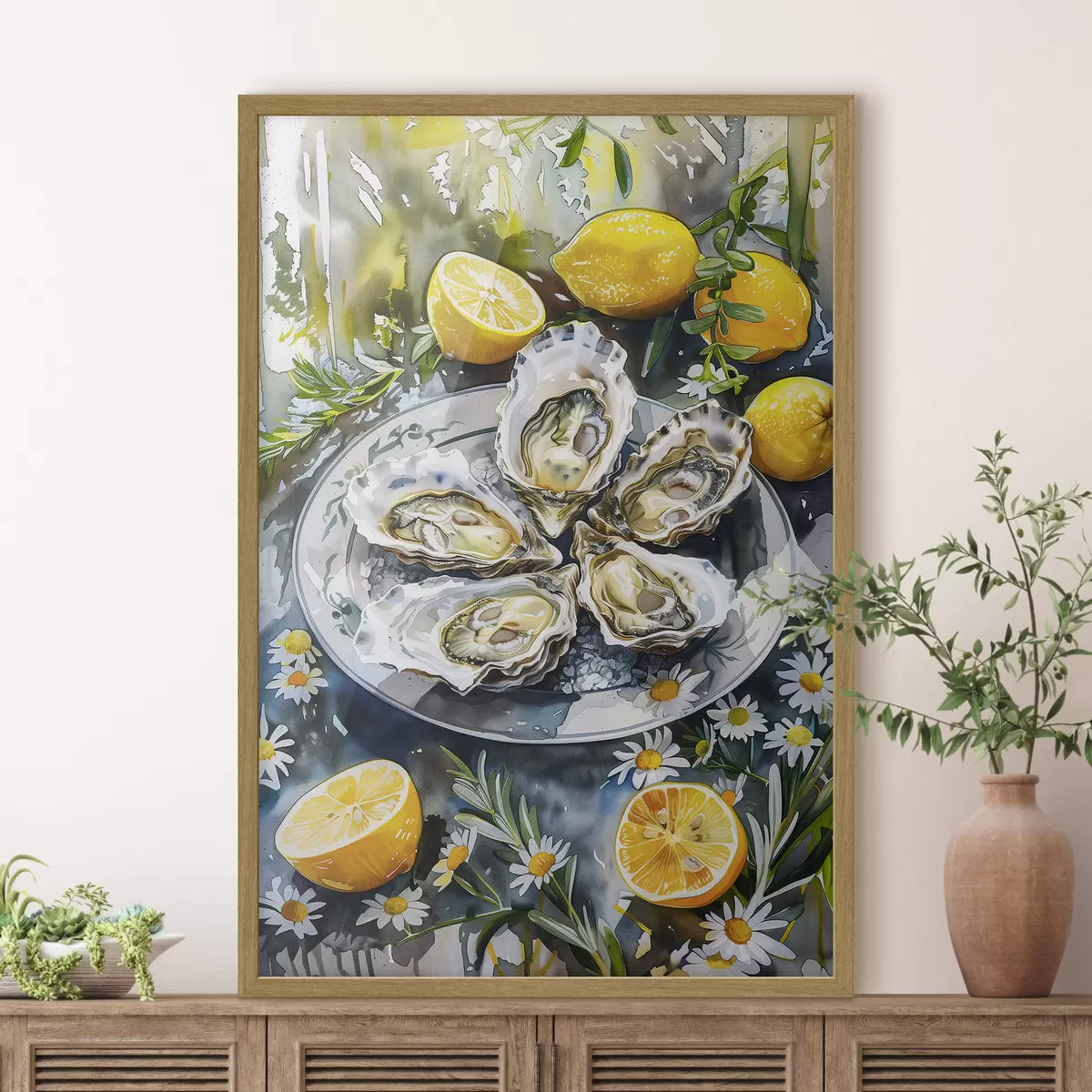 Poster Ostriche eleganti nel piatto, limoni e fiori, colori estivi, mediterranei f39710