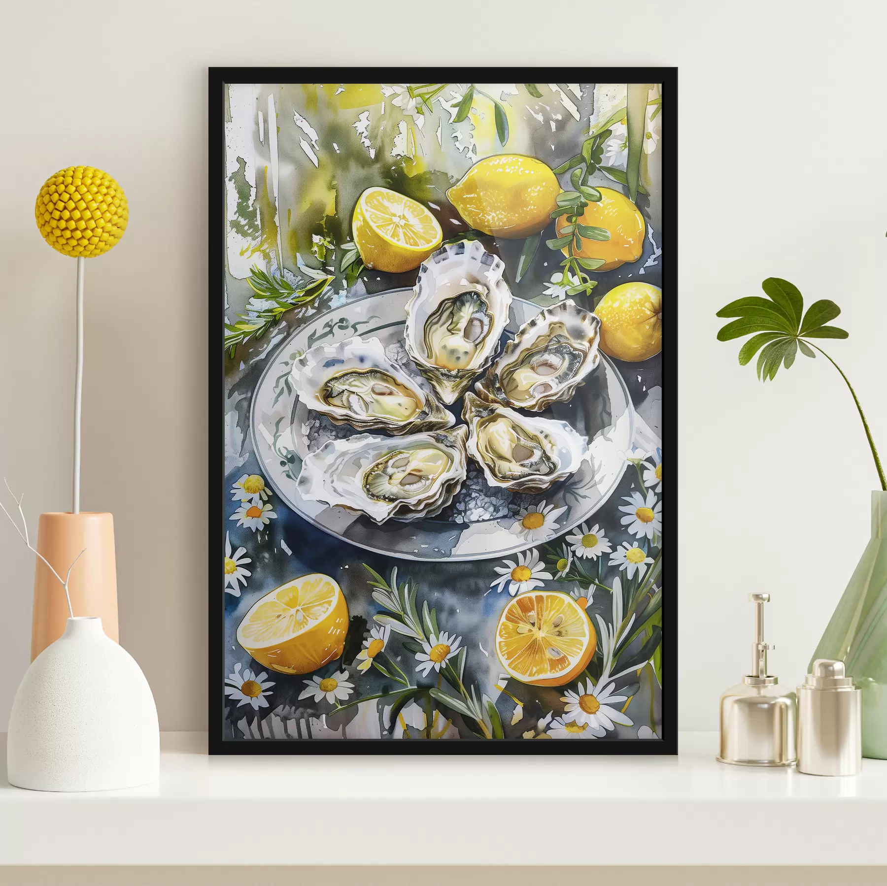 carta da parati Ostriche eleganti nel piatto, limoni e fiori, colori estivi, mediterranei nr. f39710