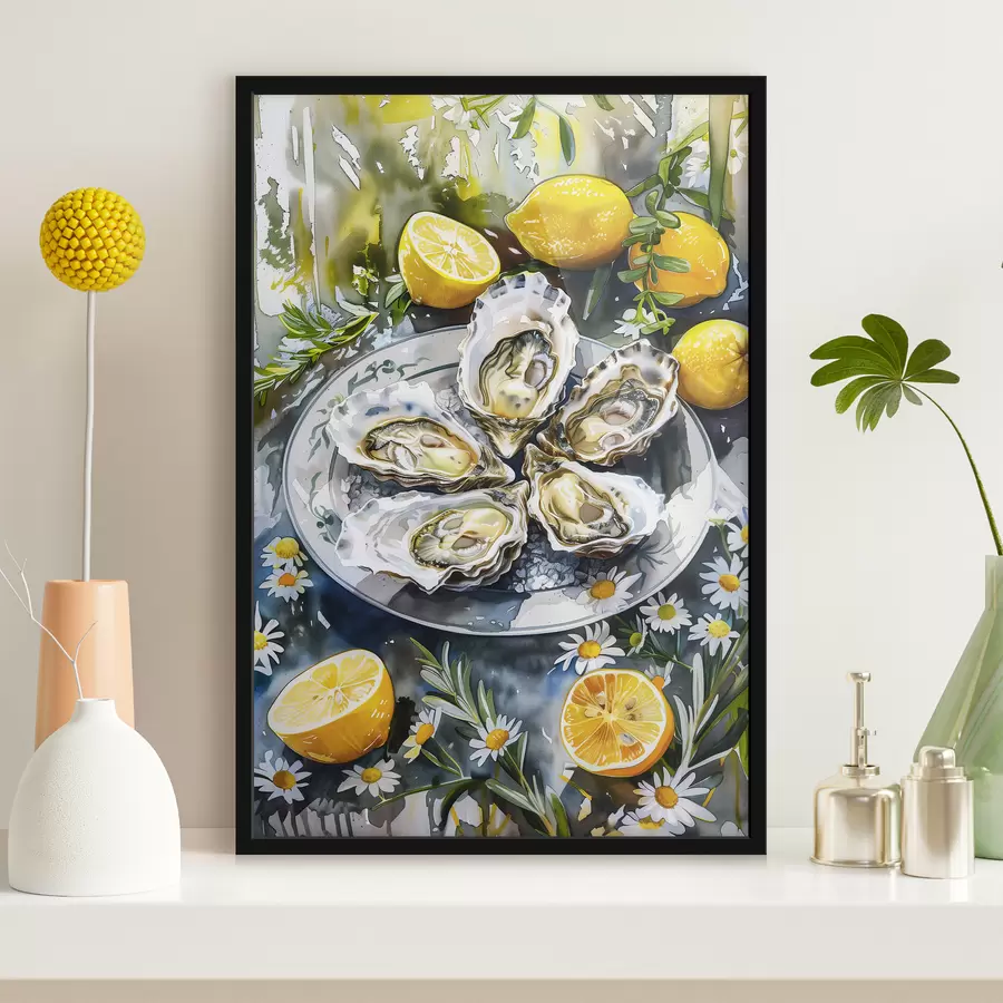 carta da parati Ostriche eleganti nel piatto, limoni e fiori, colori estivi, mediterranei nr. f39710