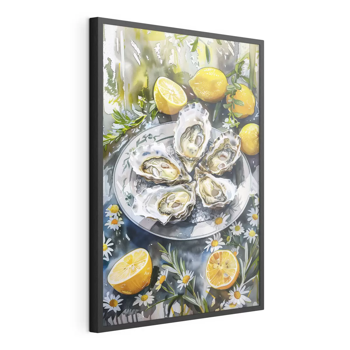 Poster Ostriche eleganti nel piatto, limoni e fiori, colori estivi, mediterranei f39710