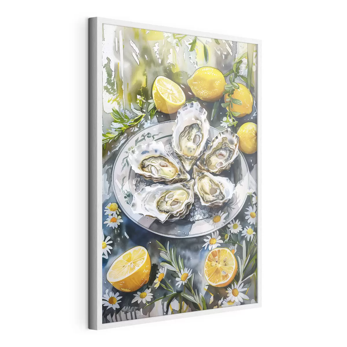 Poster Ostriche eleganti nel piatto, limoni e fiori, colori estivi, mediterranei f39710