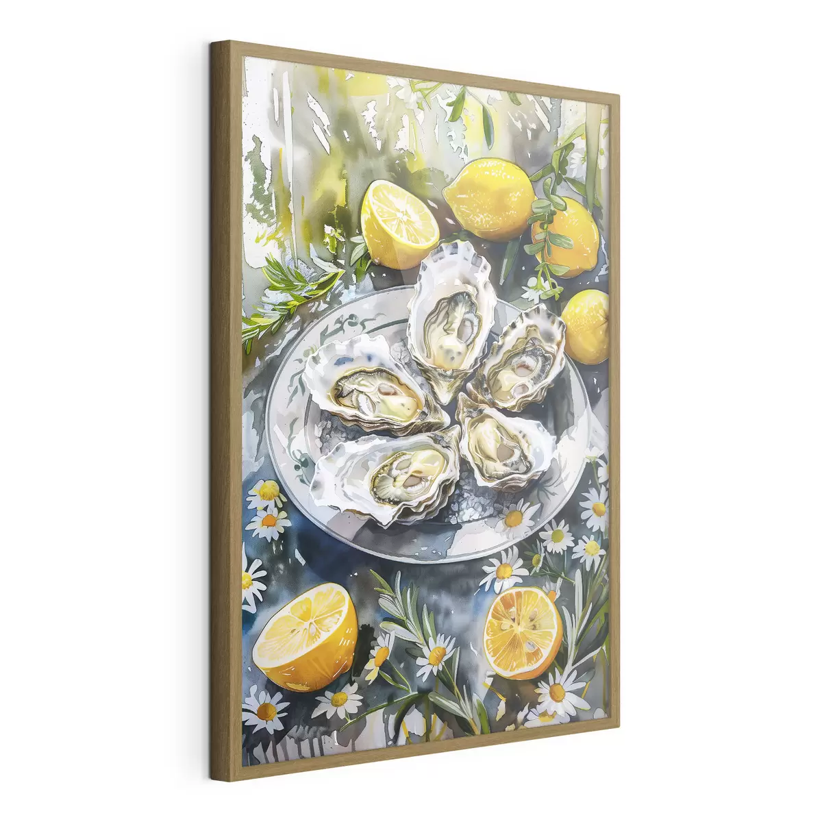Poster Ostriche eleganti nel piatto, limoni e fiori, colori estivi, mediterranei f39710