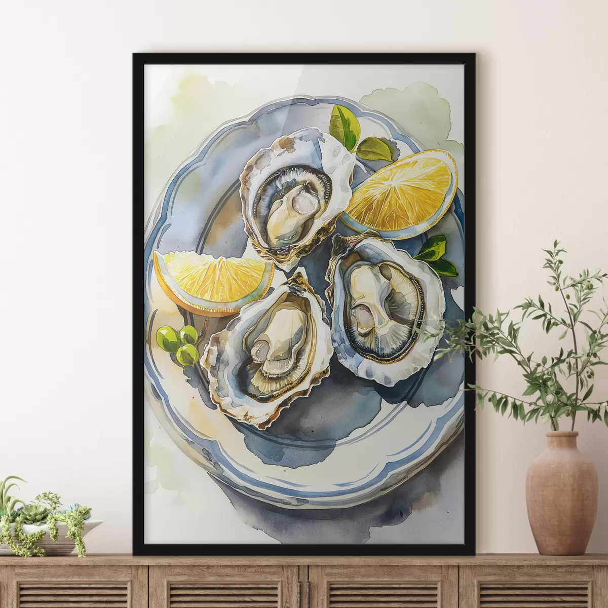 Poster Ostriche eleganti sul piatto, acquerello, limoni, colori naturali, mediterranei f39711