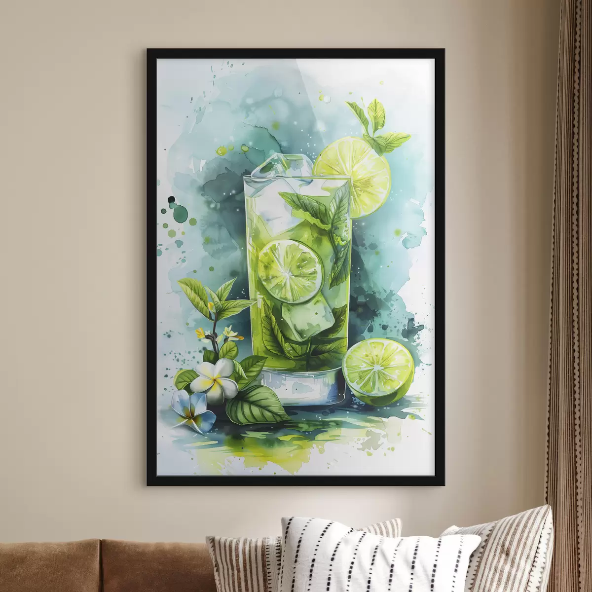 Poster Cocktail estivo acquerello, mojito, lime e menta, colori floreali e verdi f39712