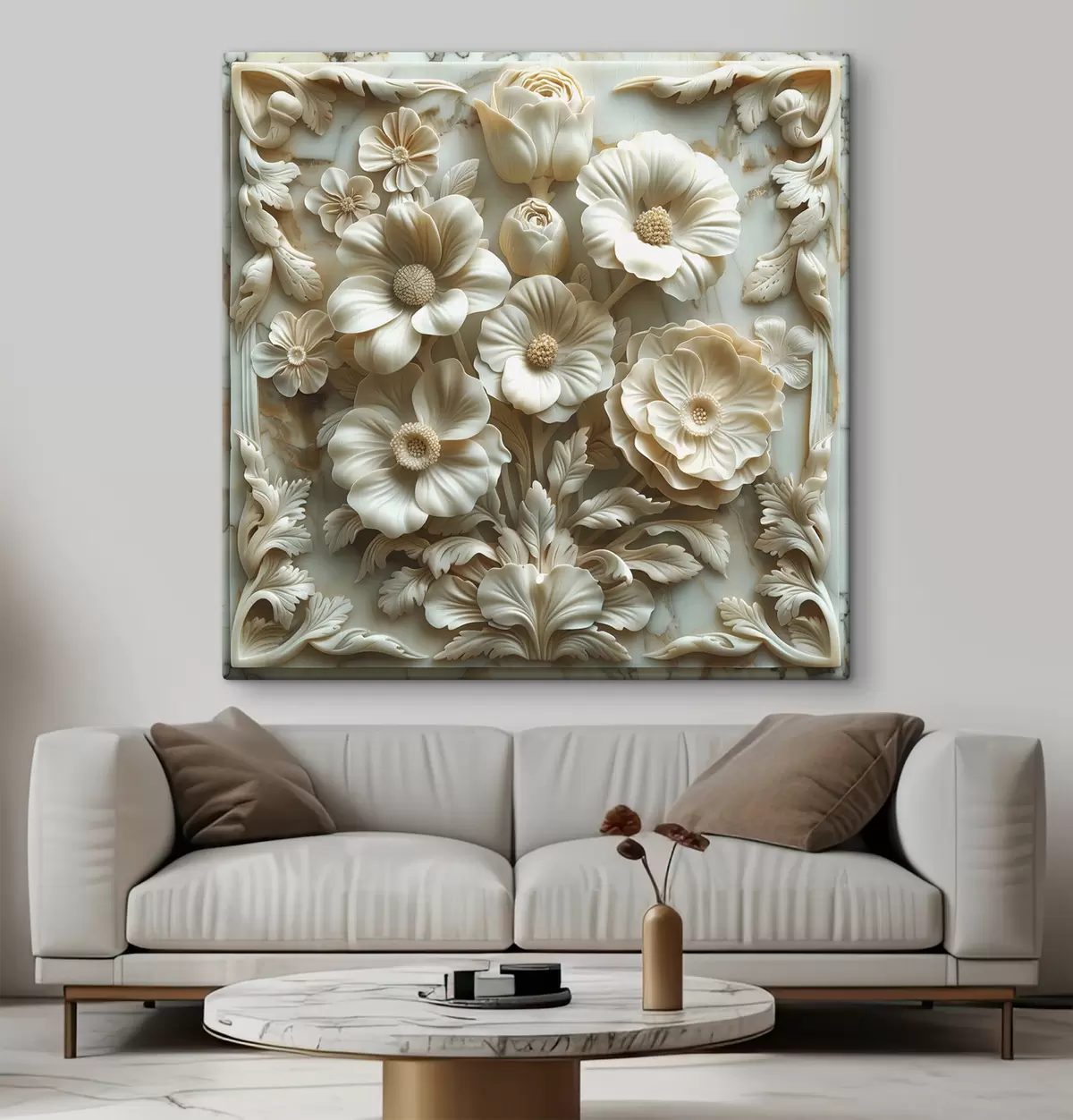 carta da parati Fiori bianchi in bassorilievo 3d su uno sfondo di marmo con una cornice nr. s39739