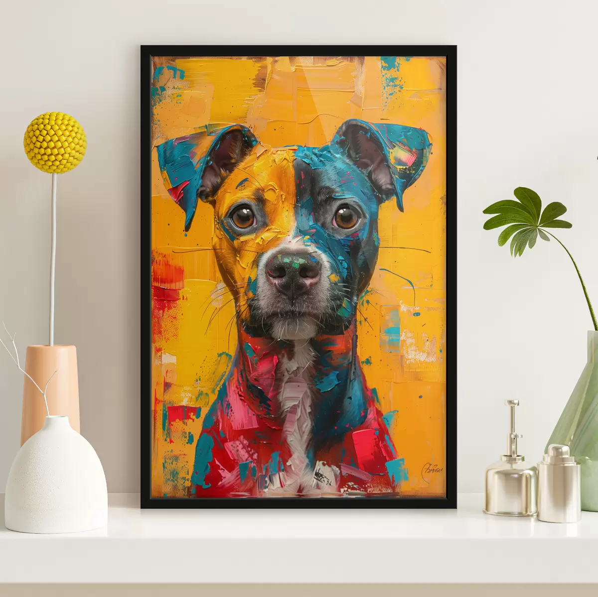 Poster Ritratto di un Pitbull con pennellate di olio giallo e blu f39722