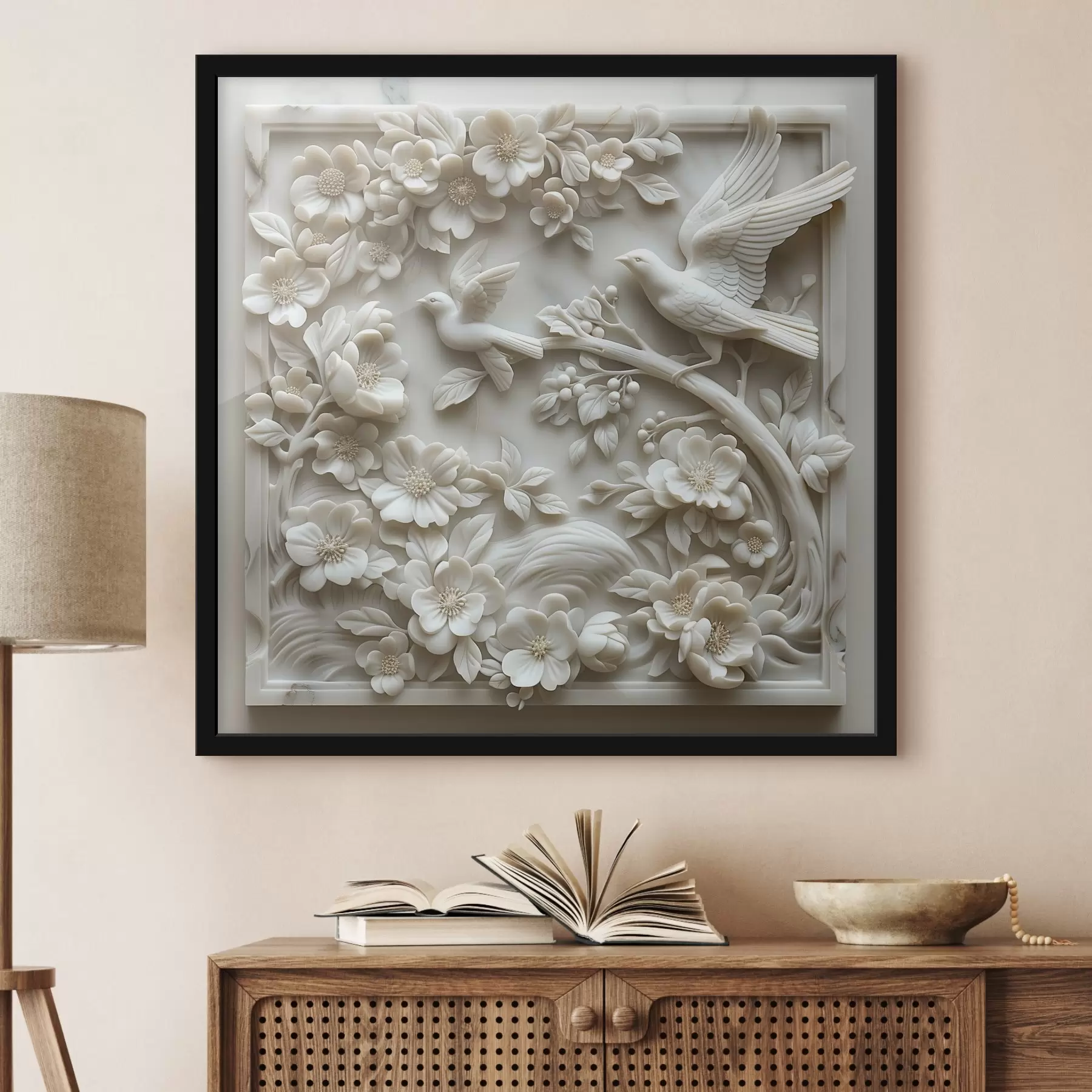 carta da parati Un giardino di marmo bianco con rilievi di uccelli e fiori nr. f39728