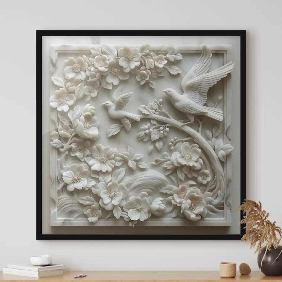carta da parati Un giardino di marmo bianco con rilievi di uccelli e fiori nr. f39728