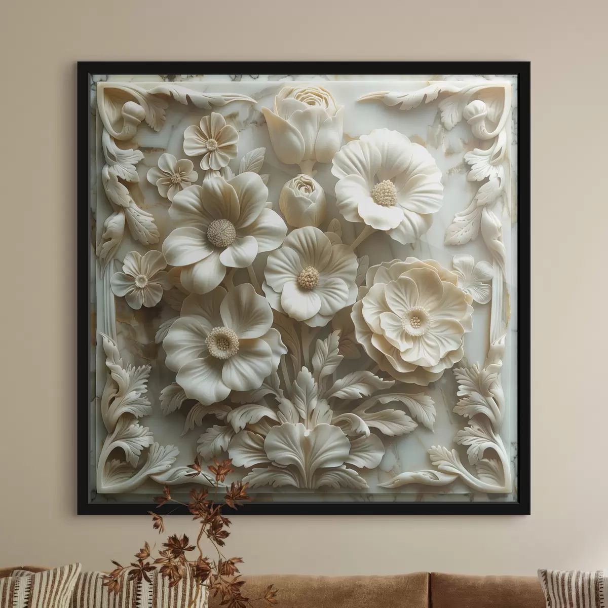 Poster fiori bianchi in bassorilievo 3D su sfondo di marmo con cornice f39739