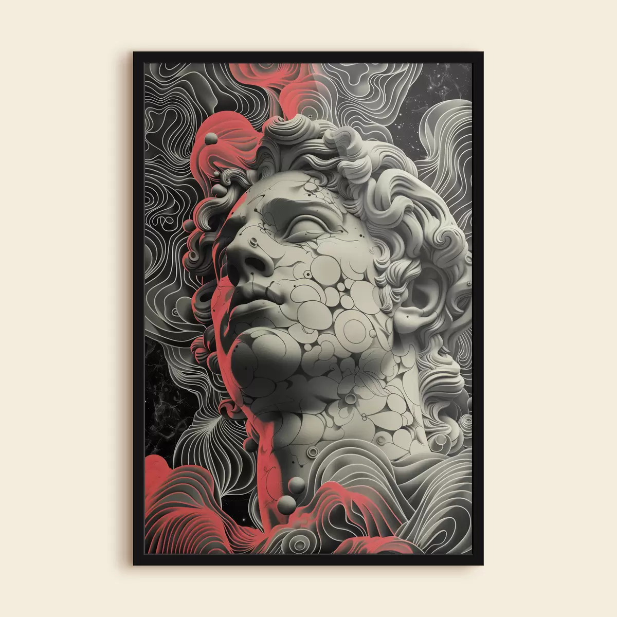 Poster Illustrazione lineare in bianco e nero della testa del dio greco Apollo in stile pop art f39763