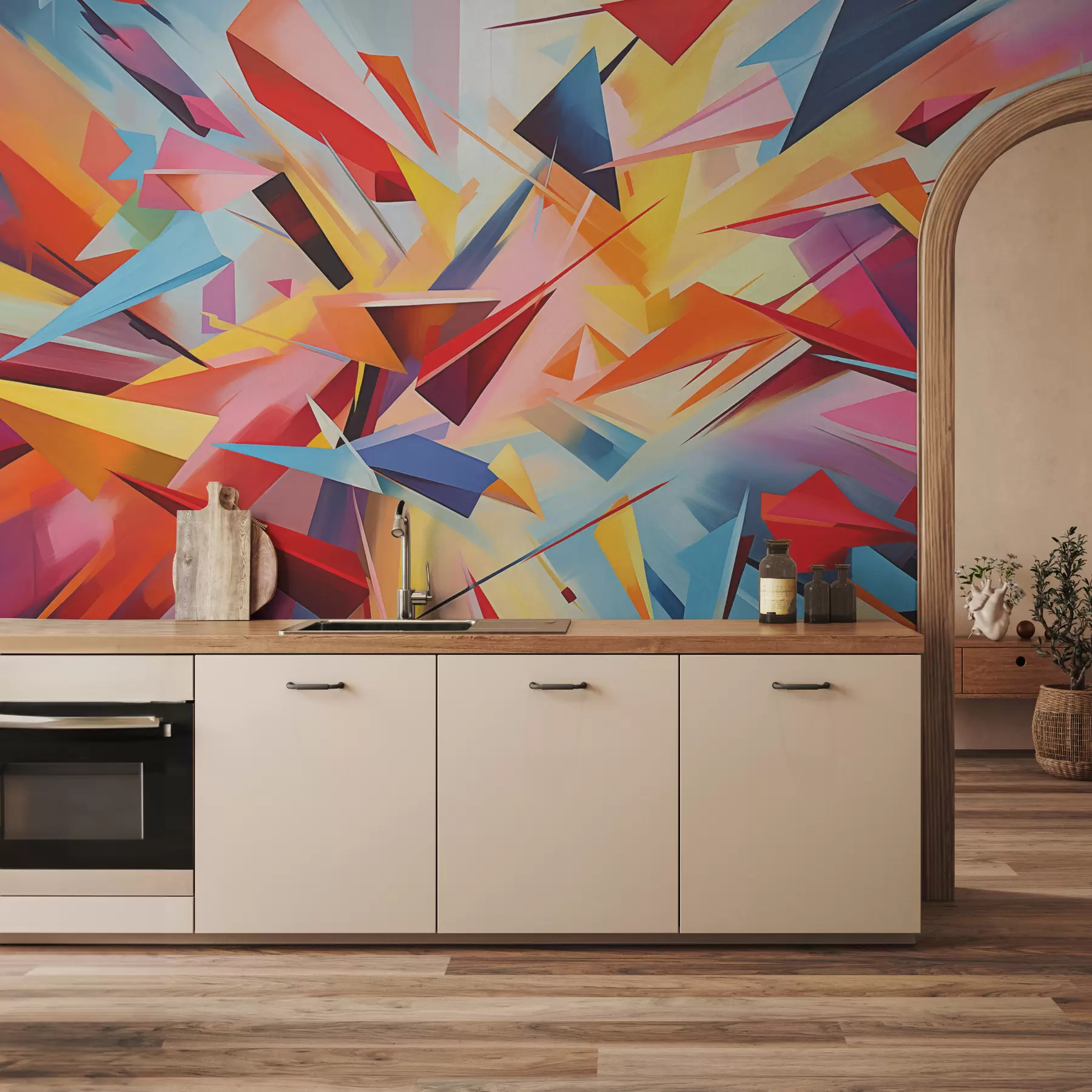 Carta da parati  Forme geometriche 3D Astrazione caotica di forme geometriche, rosa, blu, giallo