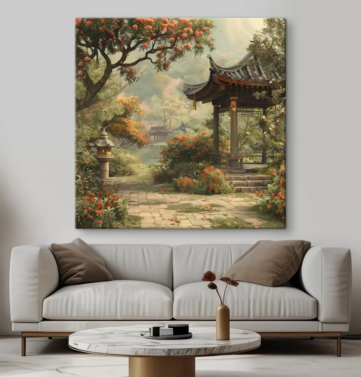 carta da parati Parco giapponese con alberi e fiori in fiore, foresta, casa con giardino, lago nr. s39772