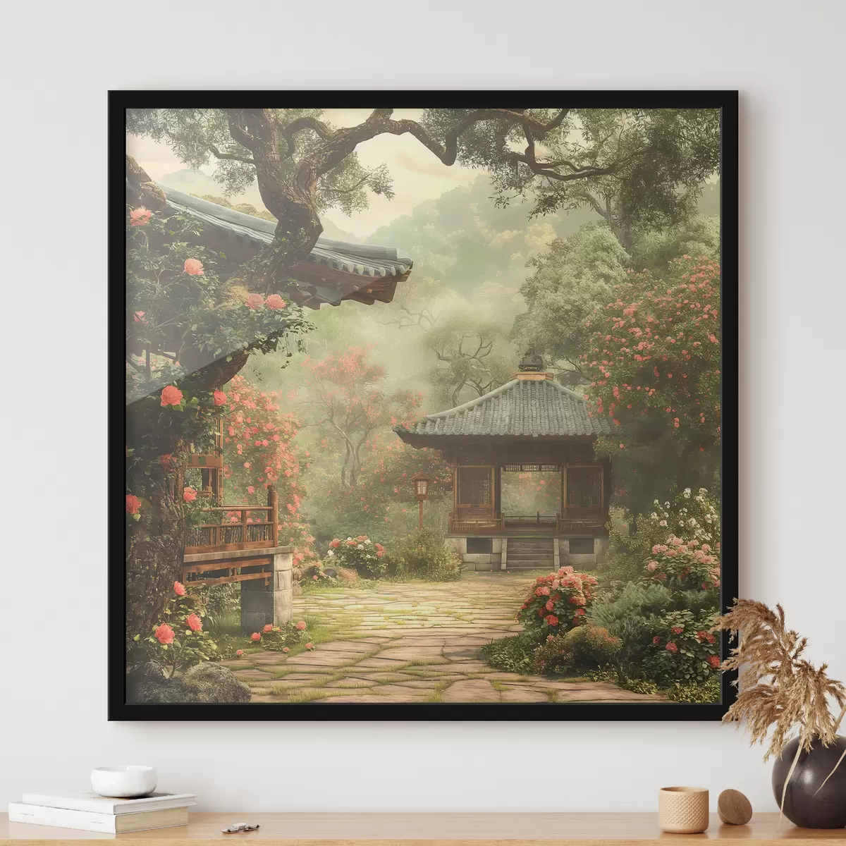 Poster Parco giapponese con alberi e fiori in fiore, foresta, casa in legno f39773
