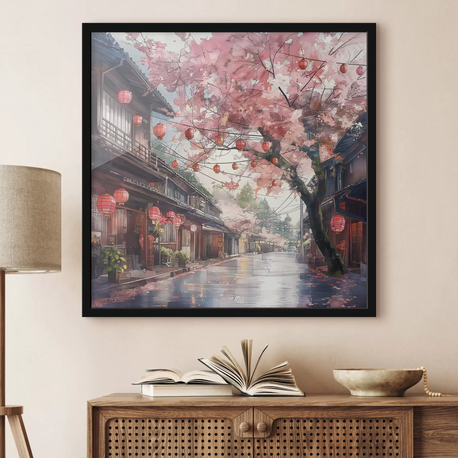 carta da parati Strada giapponese con ciliegi in fiore, architettura orientale, lanterne nr. f39774