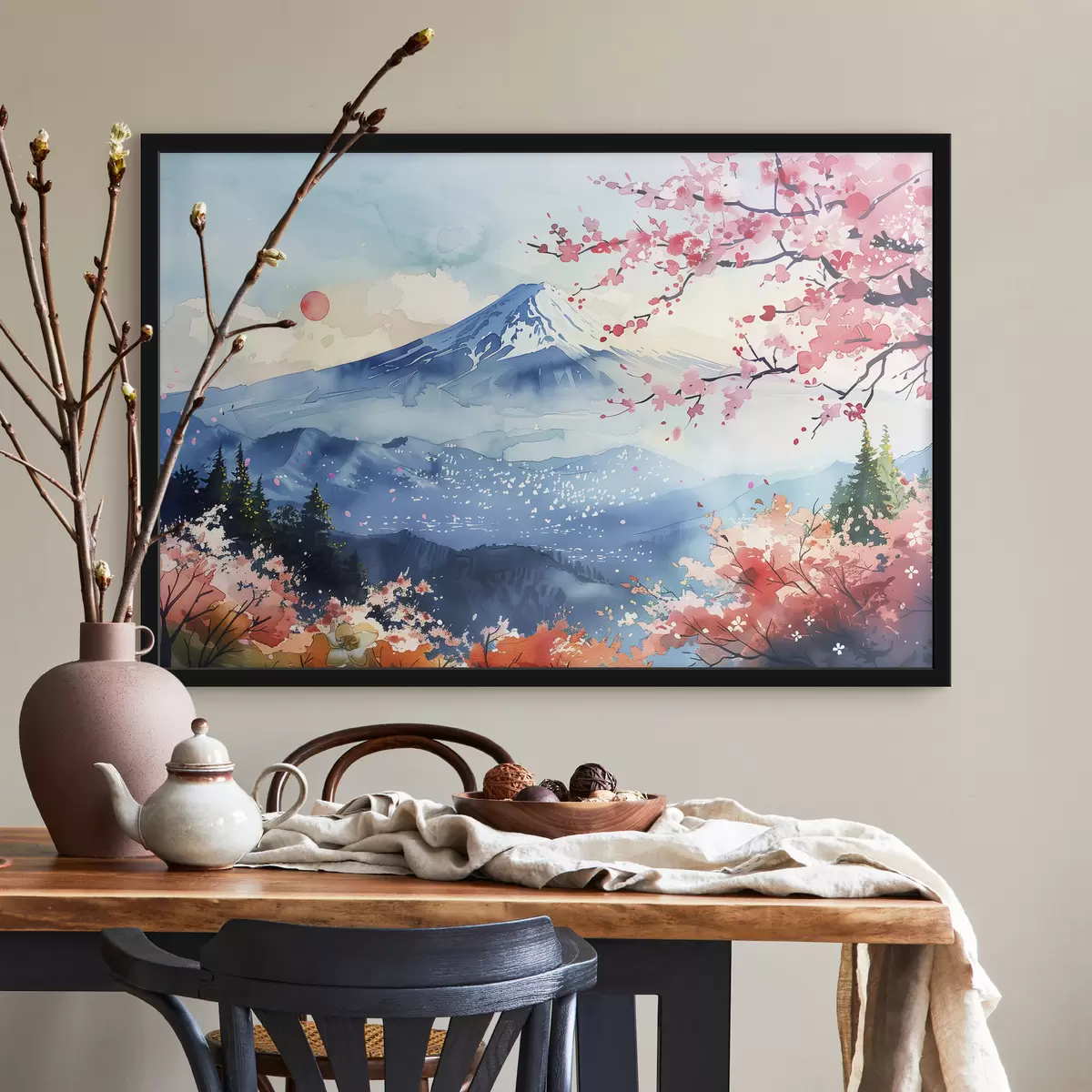 Poster Paesaggio della montagna Fuji, natura orientale, ciliegi, tramonto f39775