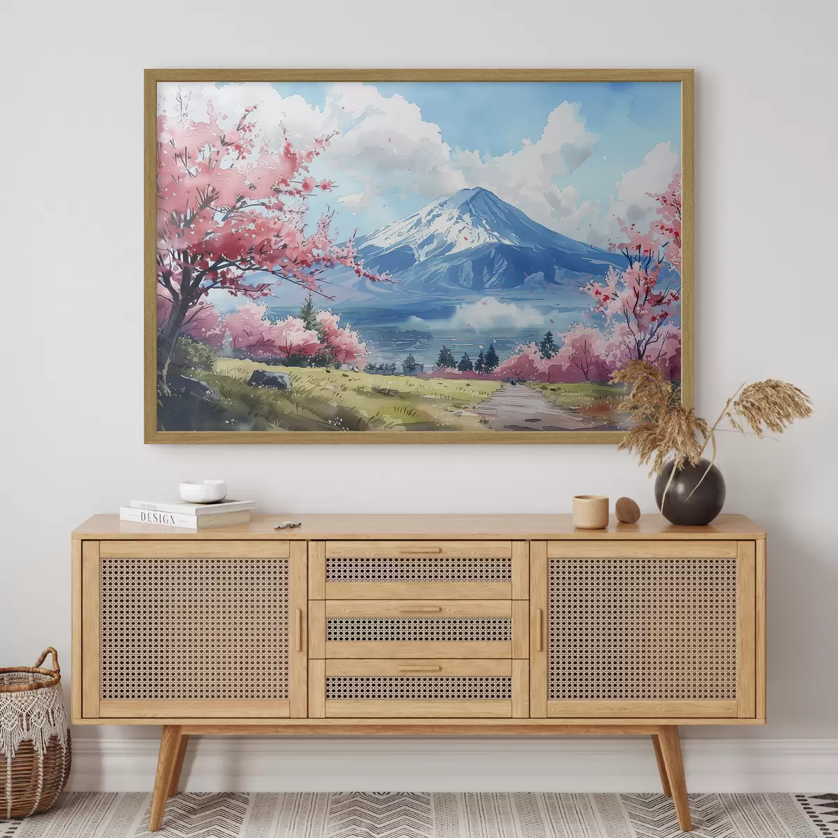 Poster Paesaggio della montagna Fuji, natura in fiore primaverile, ciliegi, giapponese f39777