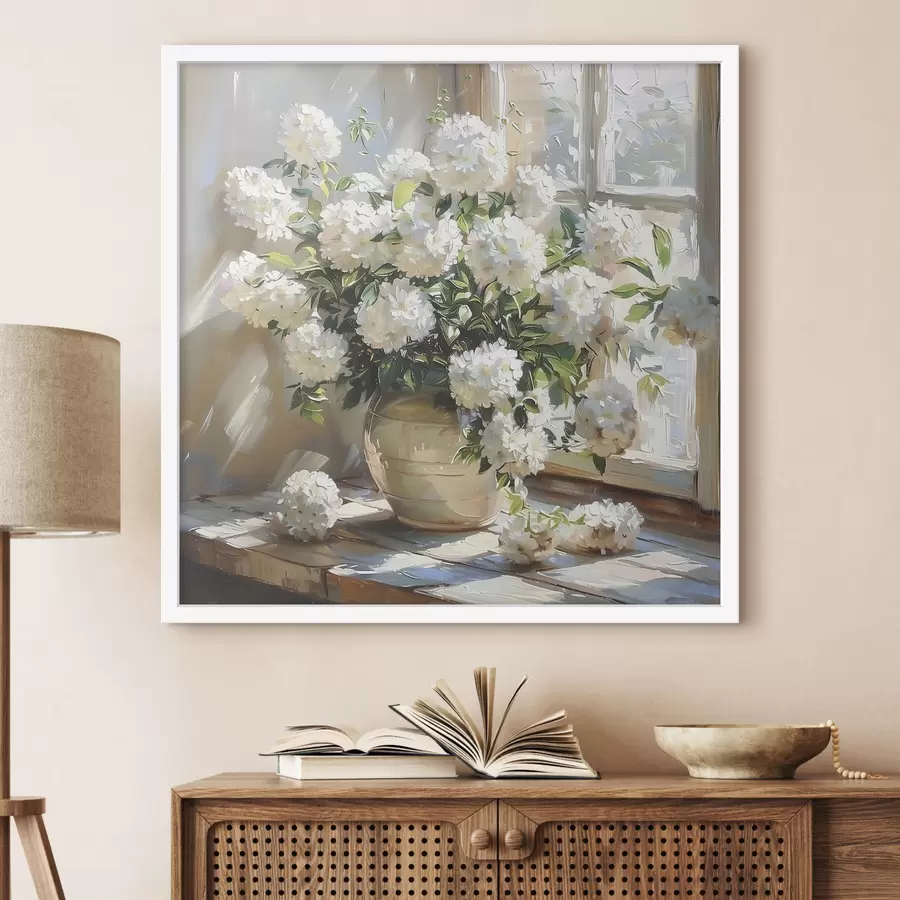 carta da parati Ortensie bianche nel vaso, luce del sole nella finestra, pittura a olio nr. f39779