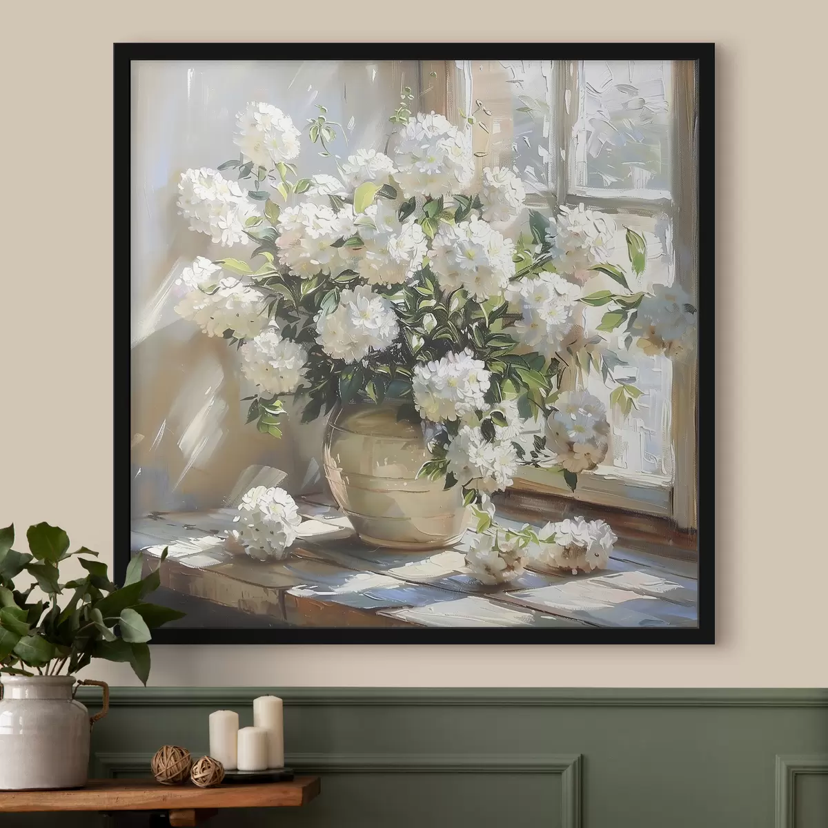 Poster Ortensie bianche nel vaso, luce del sole nella finestra, pittura a olio f39779