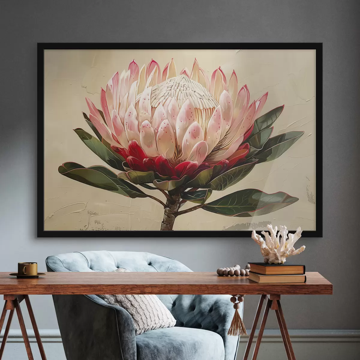 Poster Fiore di protea, disegno acrilico, floreale, colori naturali tenui f39780