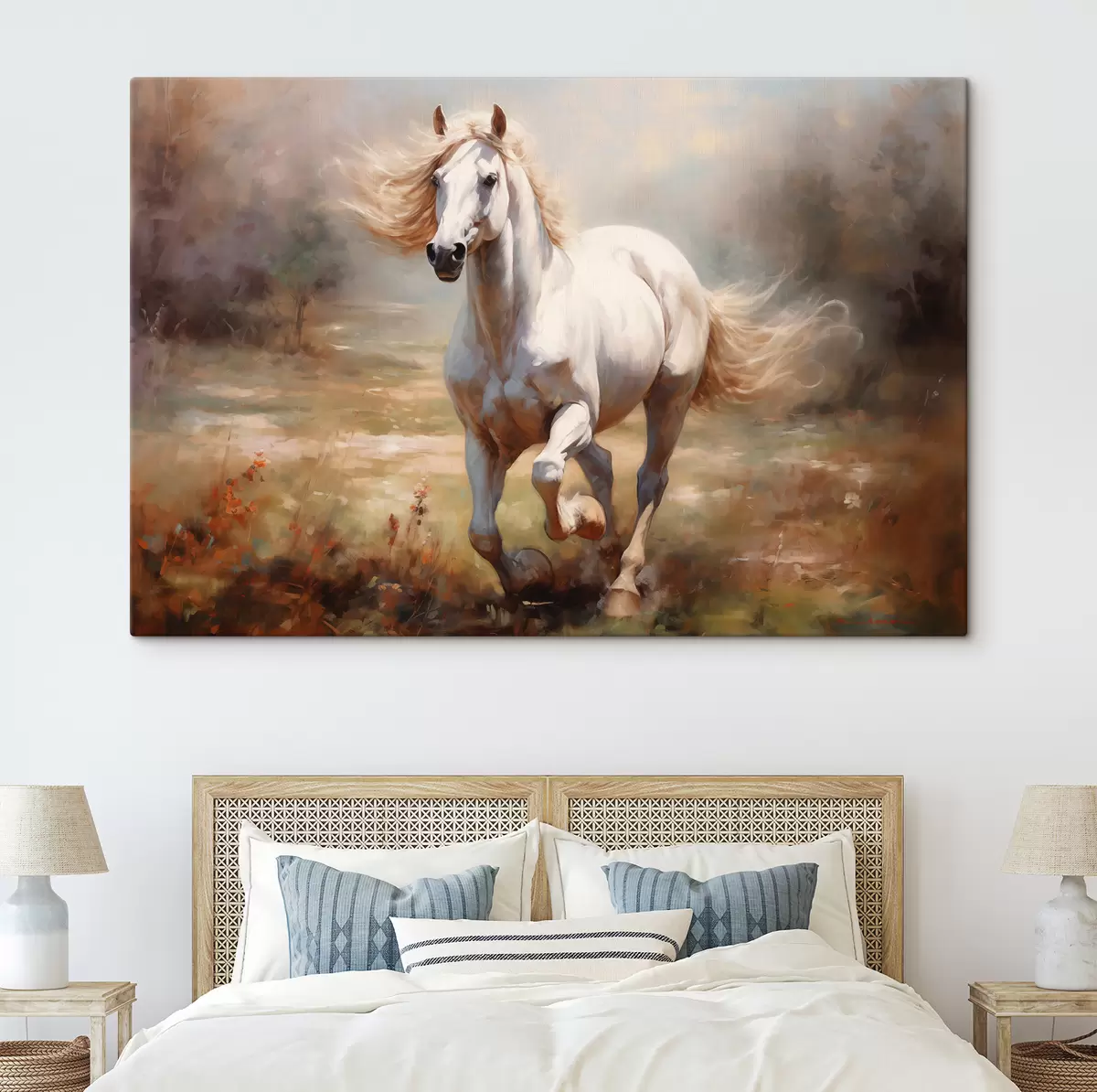 carta da parati Cavallo bianco che galoppa attraverso il dipinto ad olio del prato nr. s39818