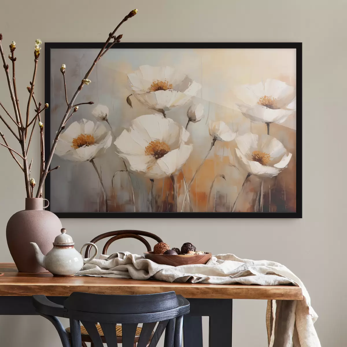 Poster Dipinto ad olio papaveri bianchi, colore blu e arancione f39815