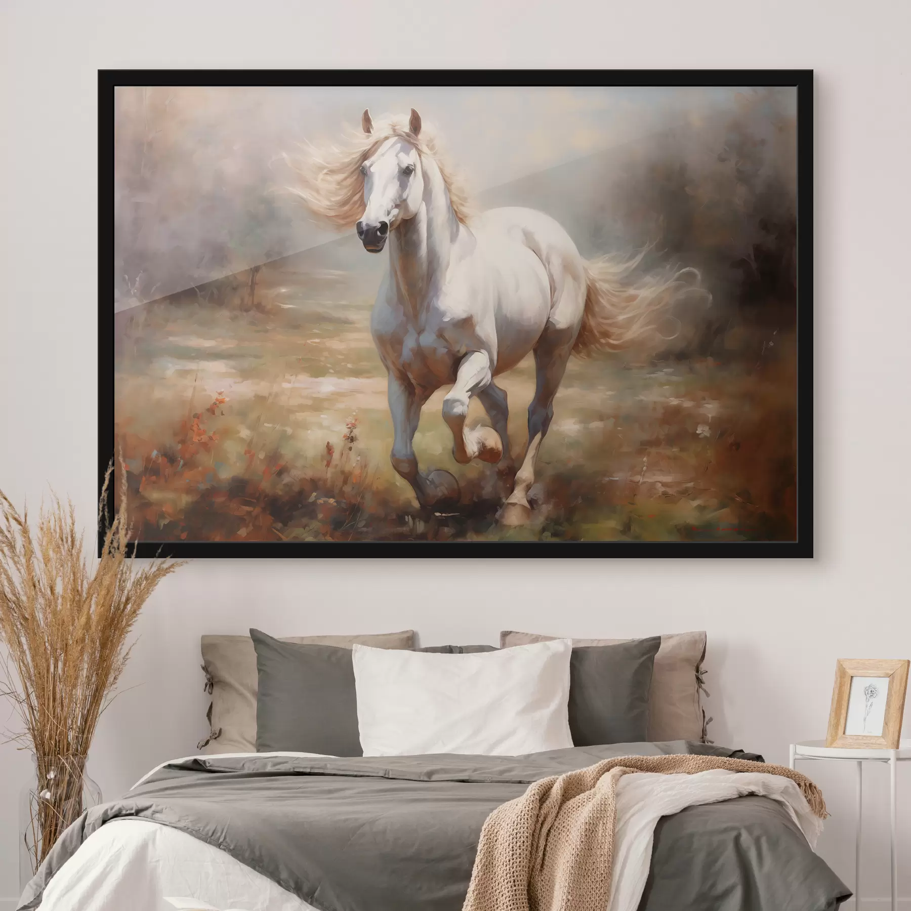 carta da parati Cavallo bianco che galoppa attraverso il dipinto ad olio del prato nr. f39818