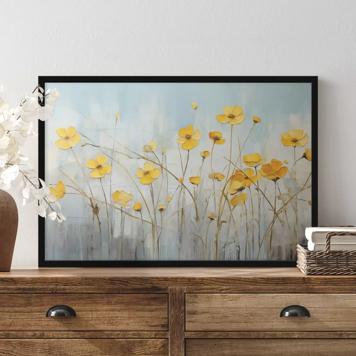 Poster Piccoli fiori gialli su un dipinto ad olio a stelo lungo f39823