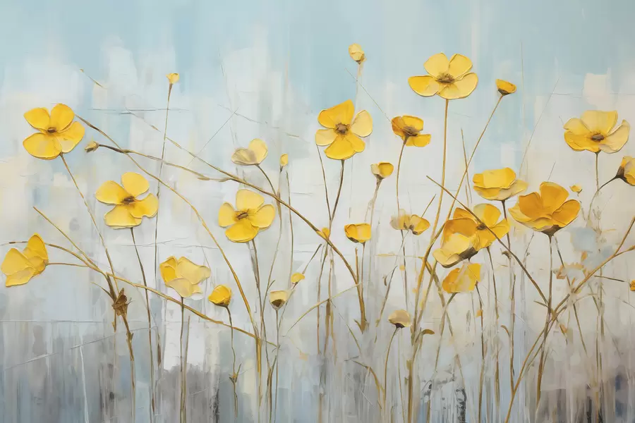 Carta da parati nature Piccoli fiori gialli su pittura a olio blu 