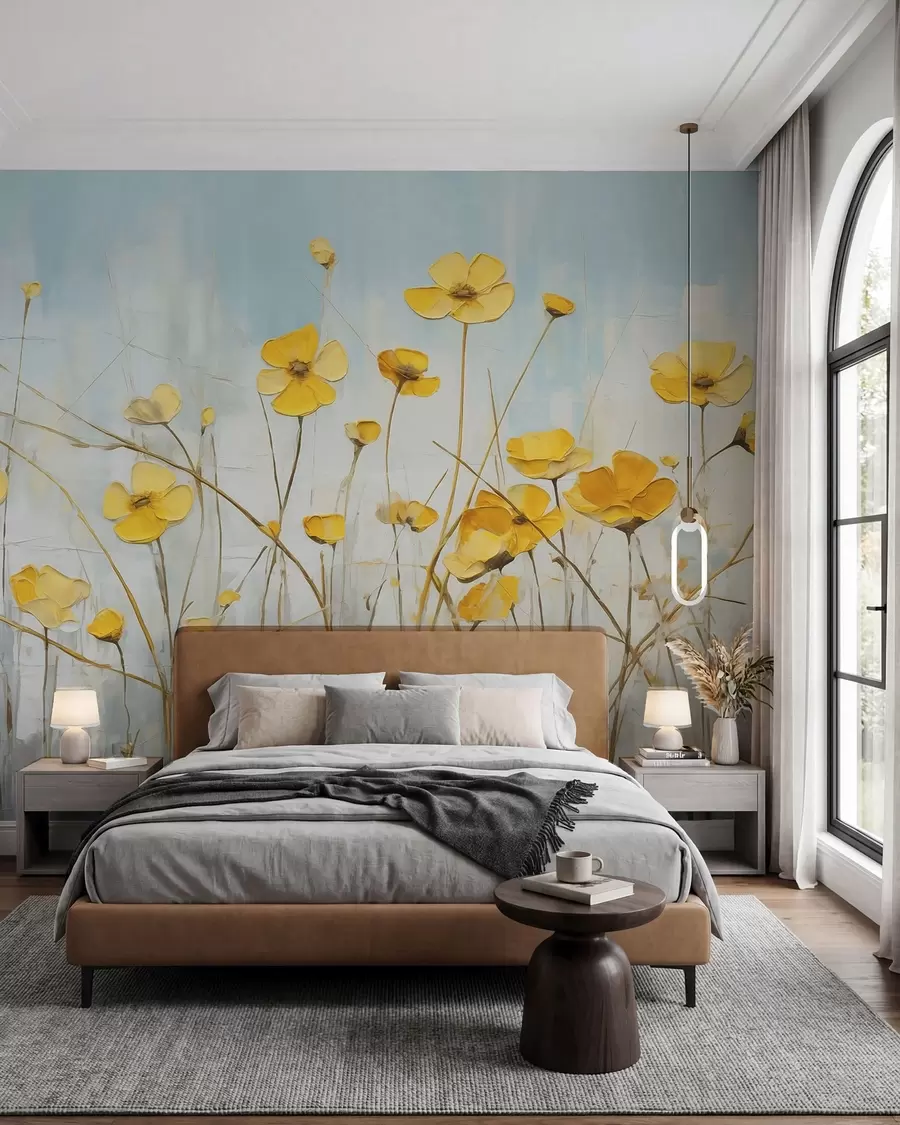 Carta da parati nature Piccoli fiori gialli su pittura a olio blu 