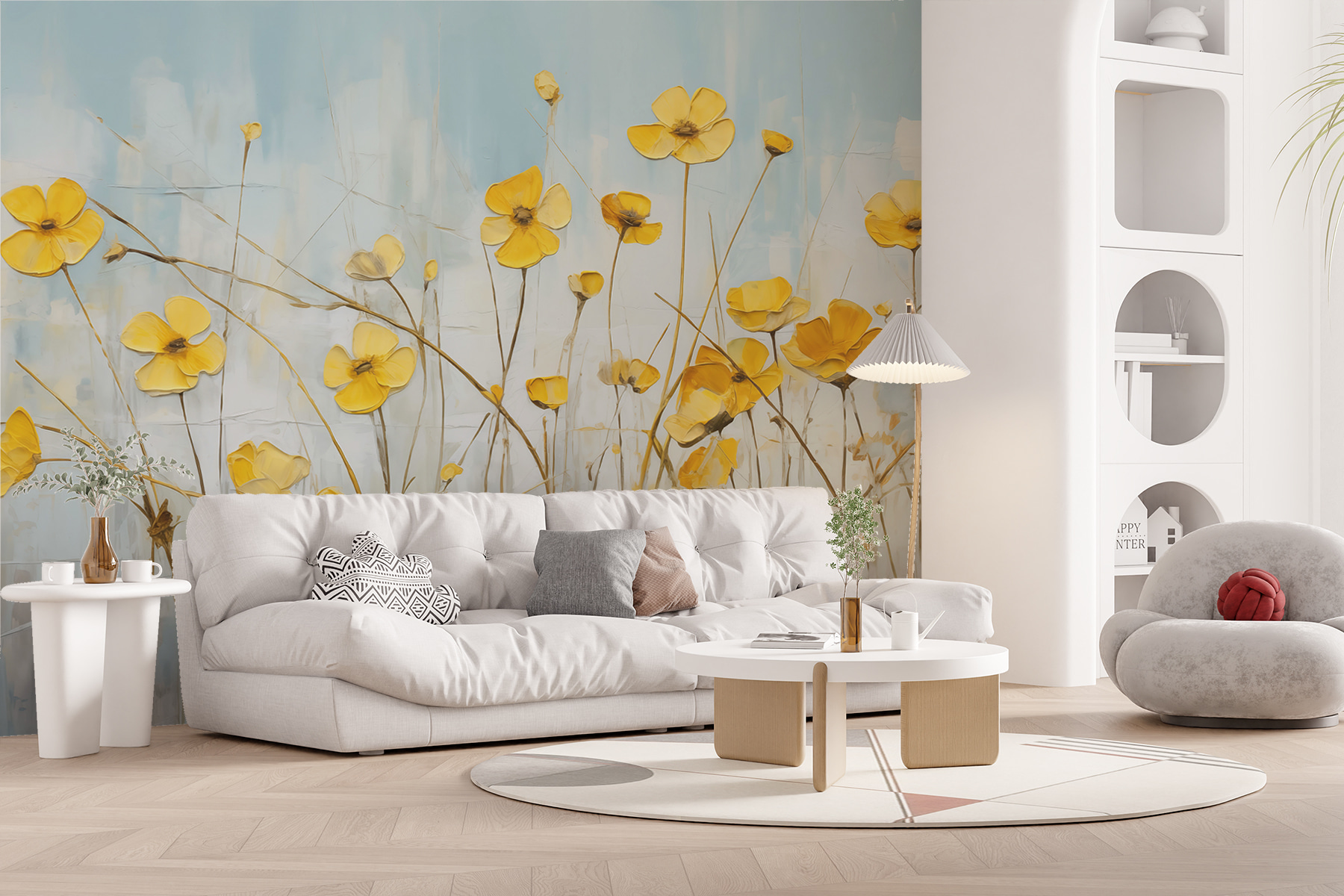 Decorazione artistica da parete fatta a mano con fiori gialli su tela, un pezzo unico, colore
