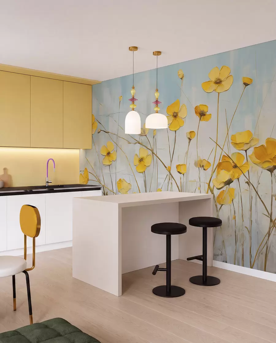 Carta da parati nature Piccoli fiori gialli su pittura a olio blu 