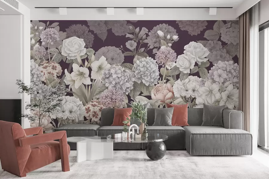 Carta da parati Floreale Magico giardino estivo su sfondo cremisi n. w08140v2