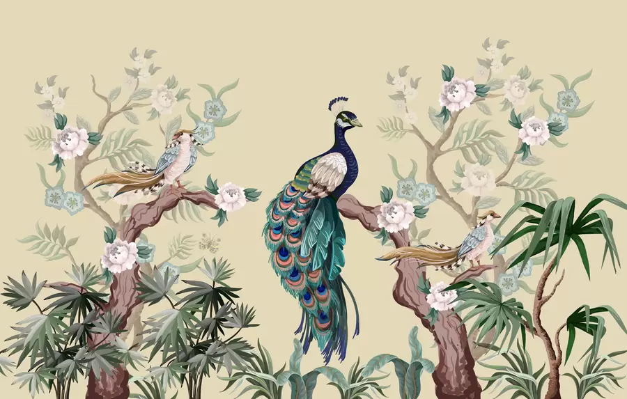 carta da parati pavone su un albero, sfondo beige nr. w08168