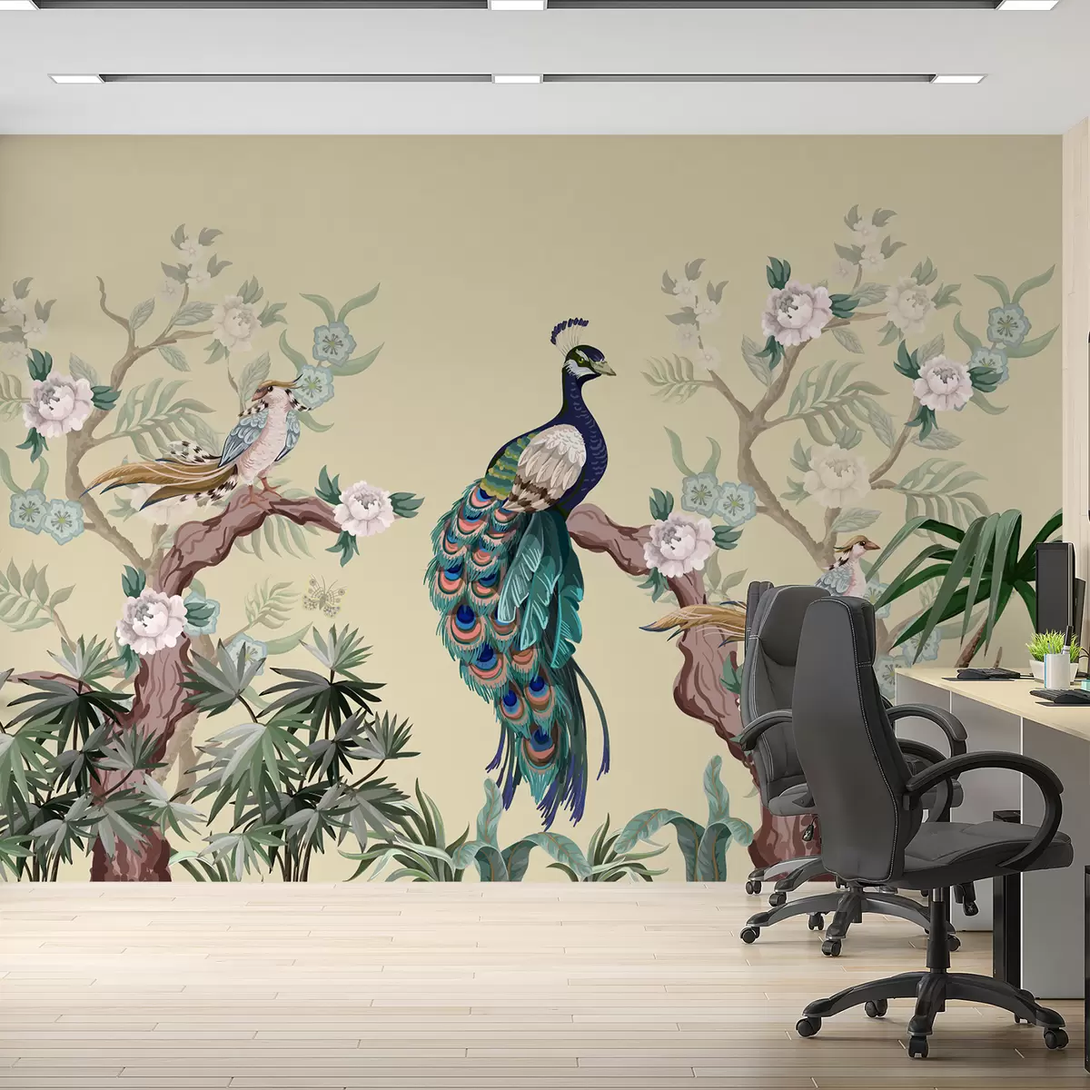 carta da parati pavone su un albero, sfondo beige nr. w08168