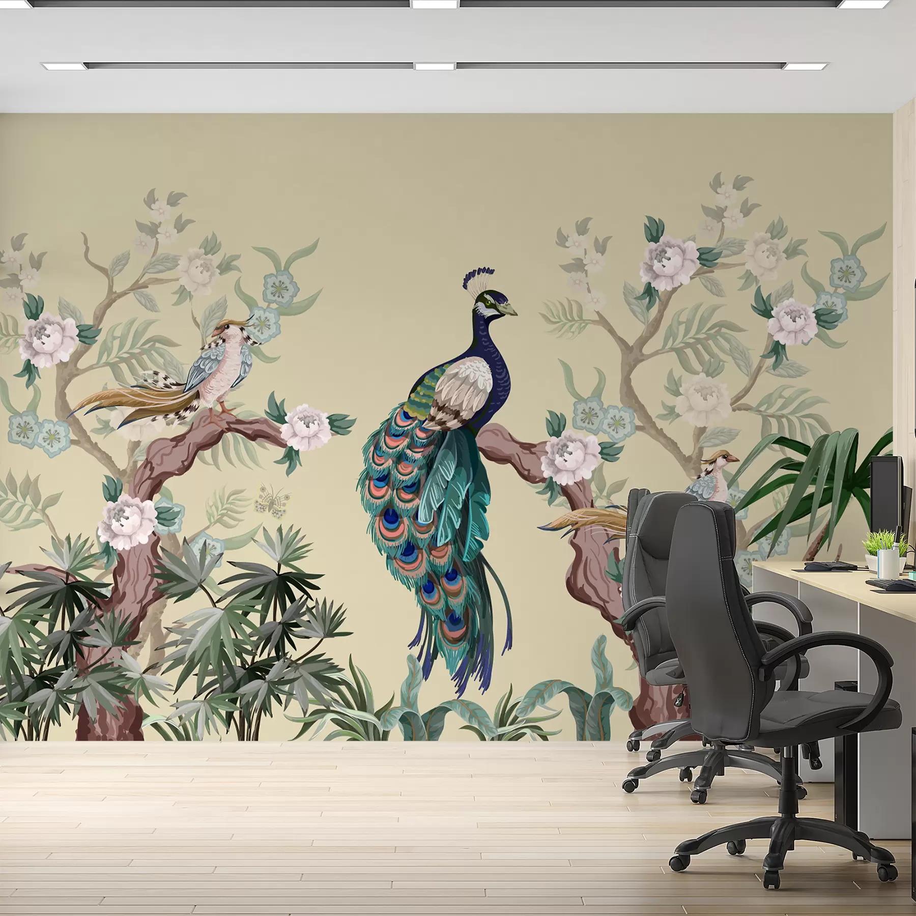 carta da parati pavone su un albero, sfondo beige nr. w08168