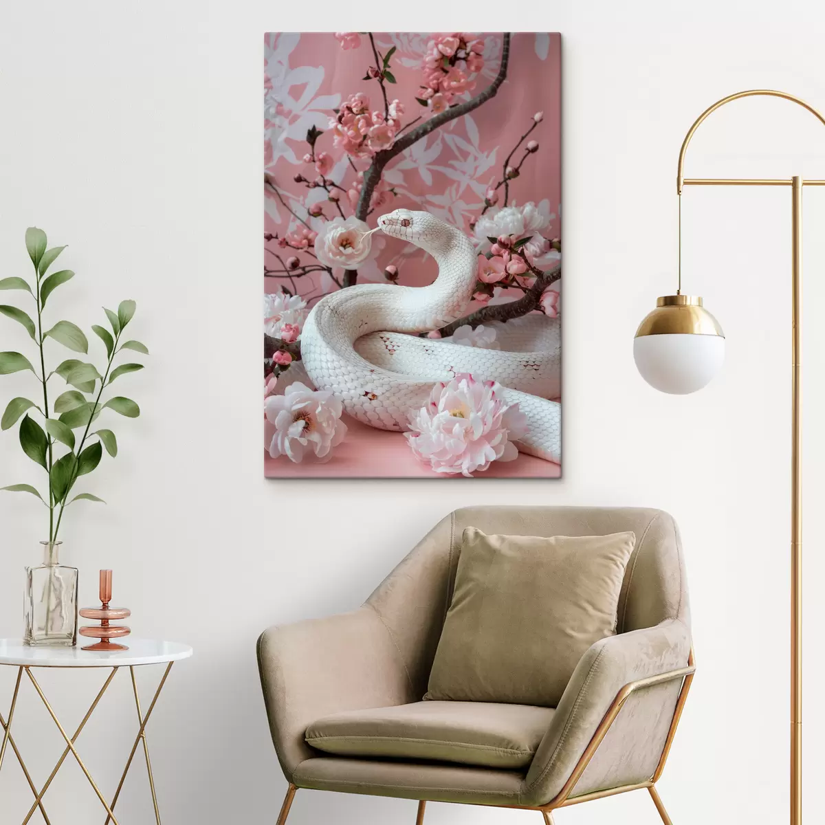 carta da parati Serpente bianco e fiori rosa nr. s39941