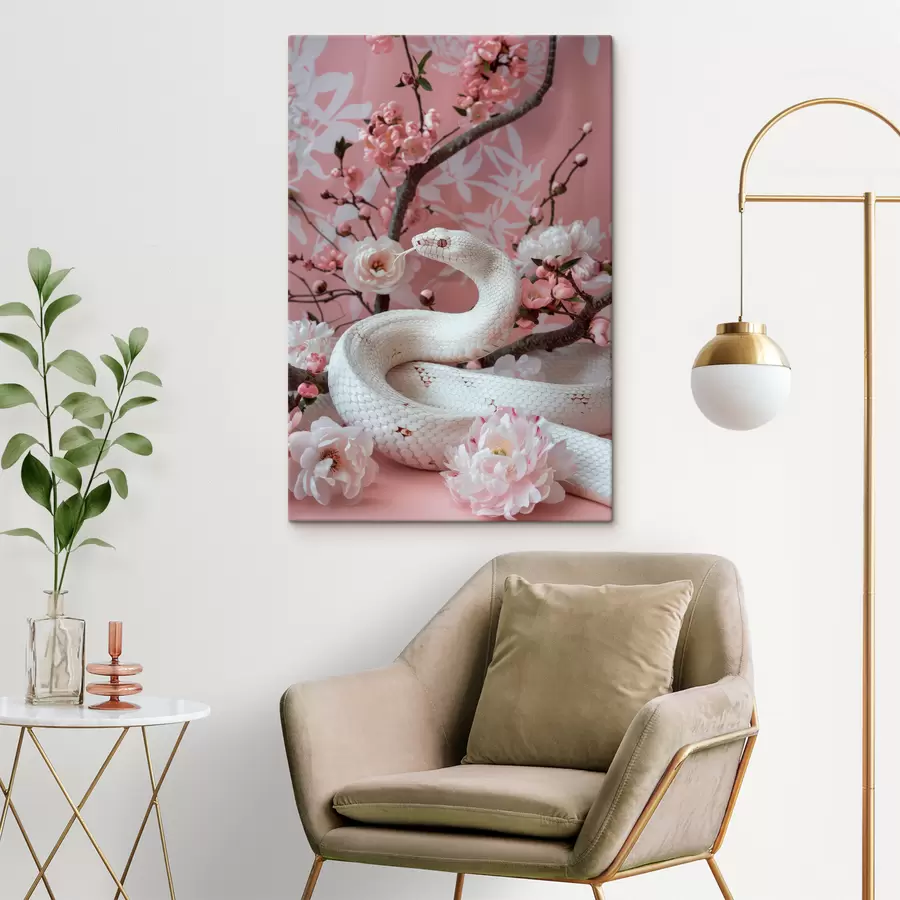 carta da parati Serpente bianco e fiori rosa nr. s39941