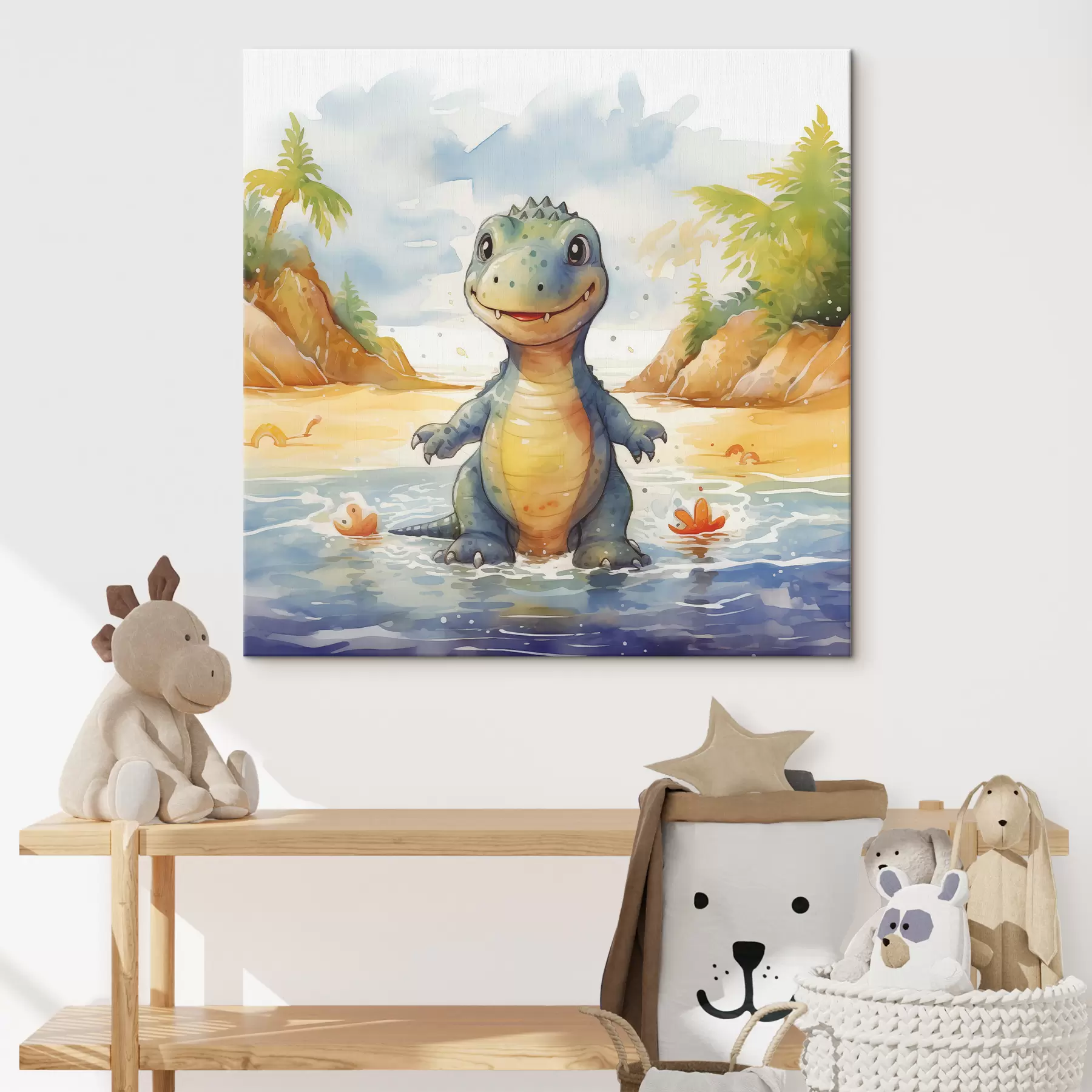 carta da parati Dinosauro nel fiume sullo sfondo di montagne e felci acquerello nr. s39930