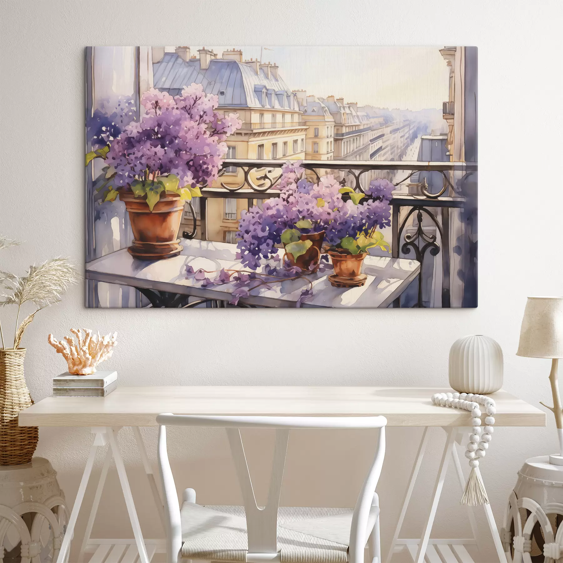 carta da parati Violette in un vaso su un balcone a Parigi acquerello nr. s39931