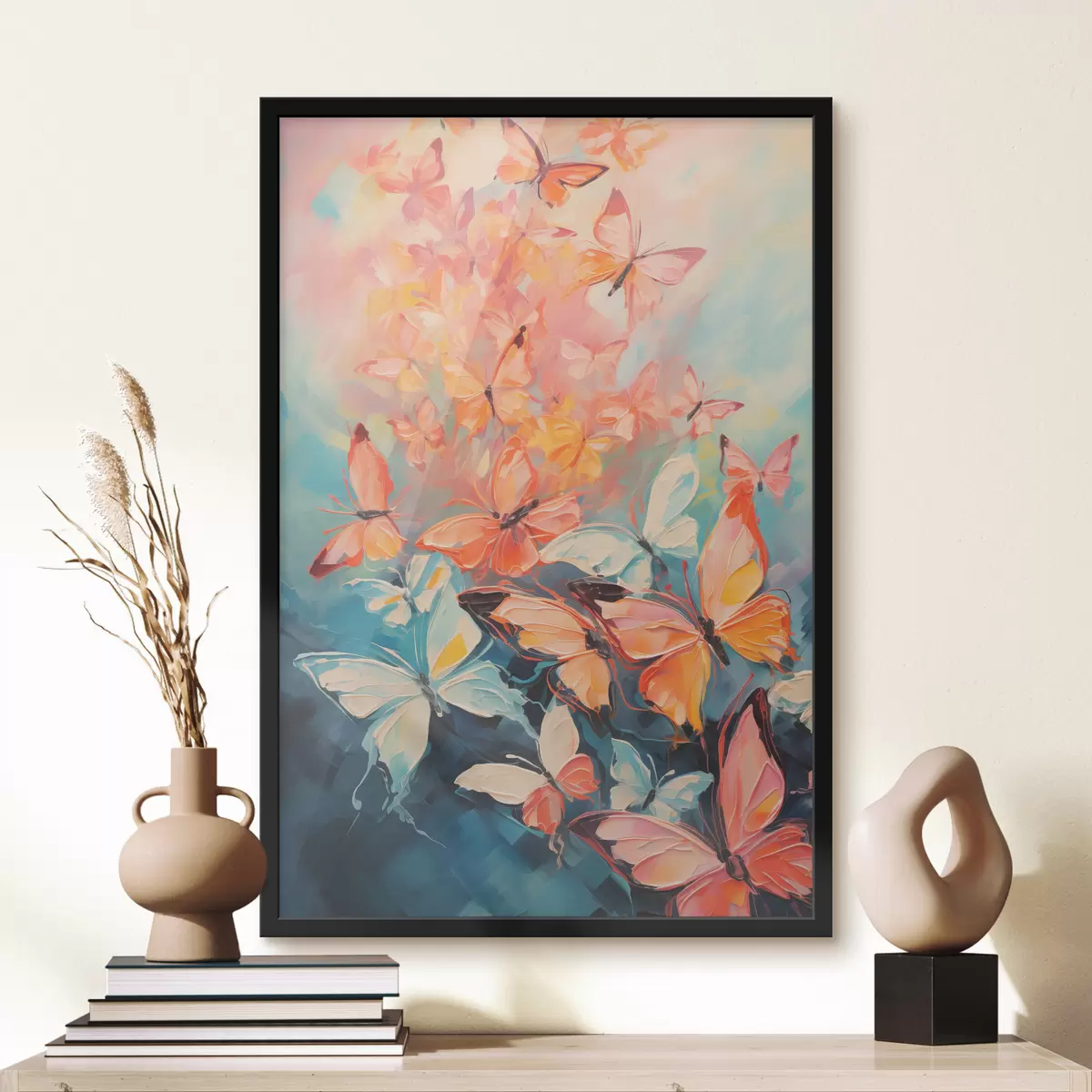 Poster Uno stormo di farfalle che volano su un dipinto ad olio blu f39922