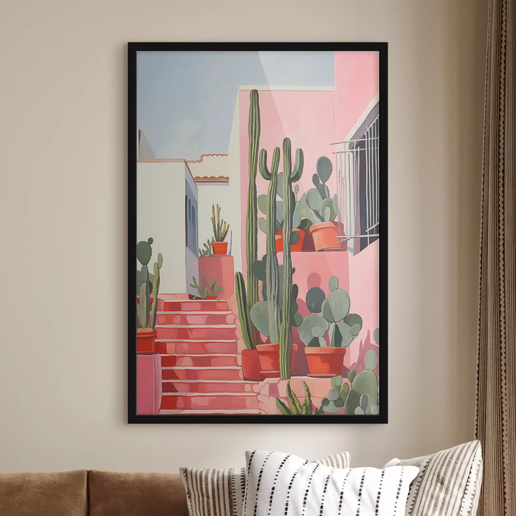 carta da parati Lunghi cactus sullo sfondo di una casa rosa e gradini dipinto a olio nr. f39926