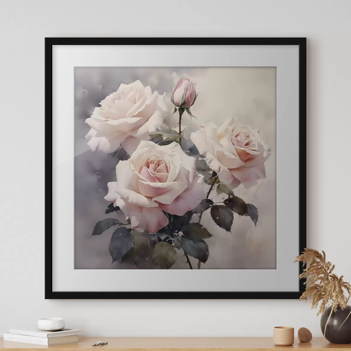 Poster Rose rosa bianche su sfondo scuro acquerellato f39927