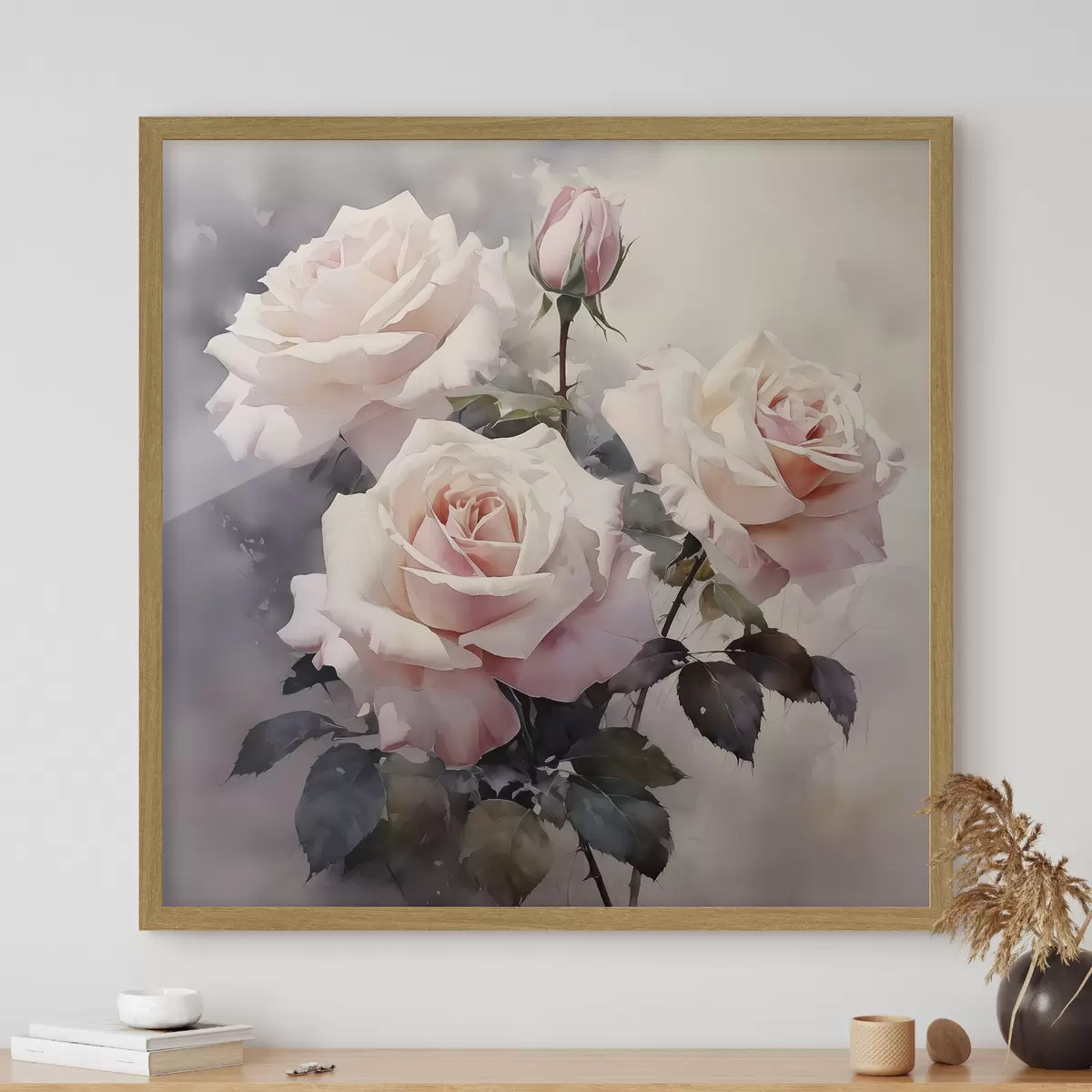 Poster Rose rosa bianche su sfondo scuro acquerellato f39927