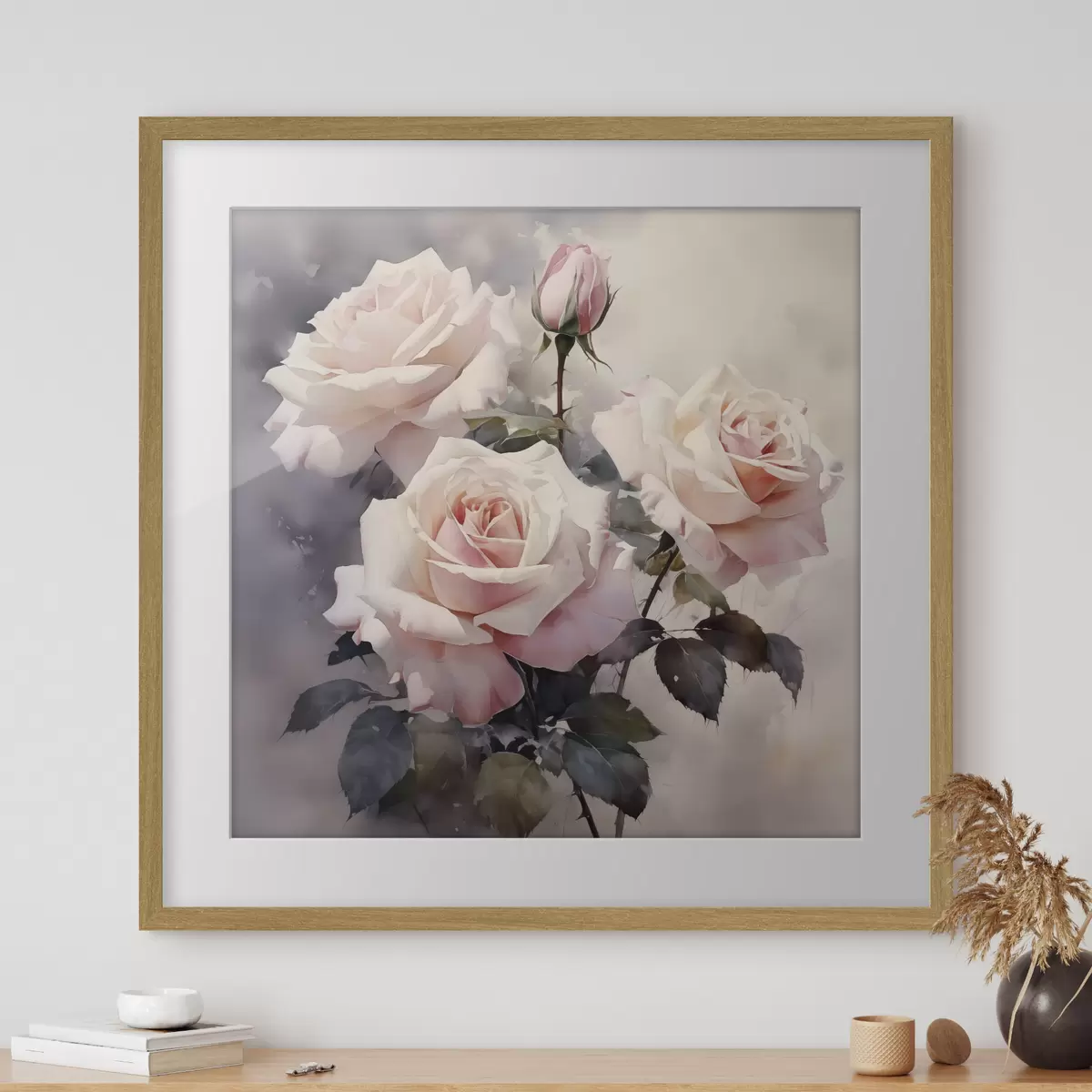 Poster Rose rosa bianche su sfondo scuro acquerellato f39927
