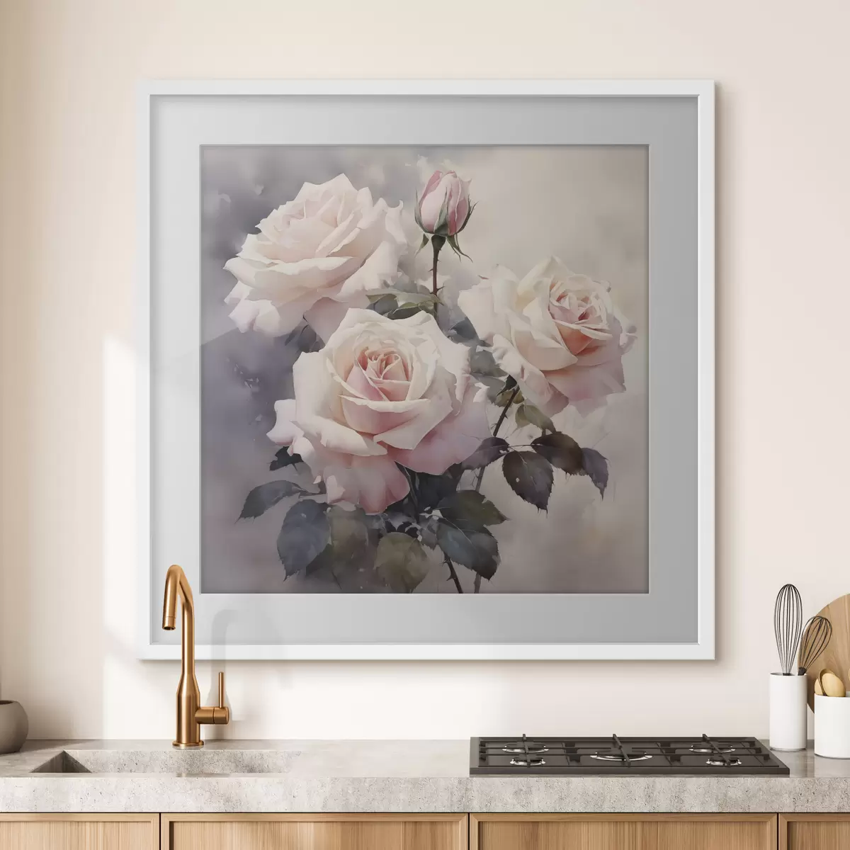 Poster Rose rosa bianche su sfondo scuro acquerellato f39927