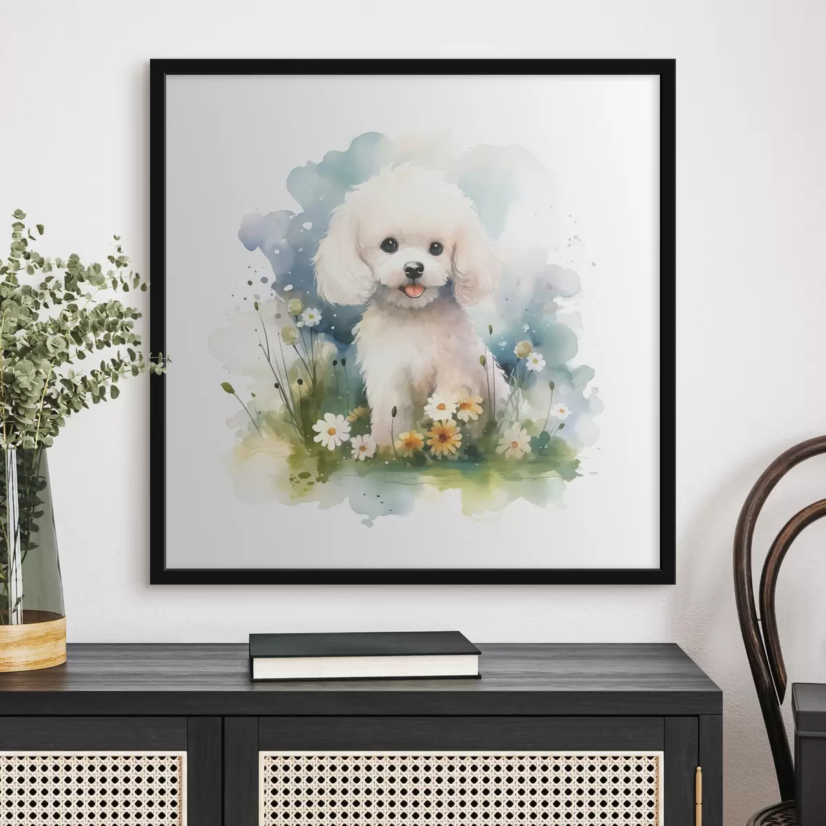 Poster Piccolo barboncino bianco seduto in un acquerello di fiori f39928