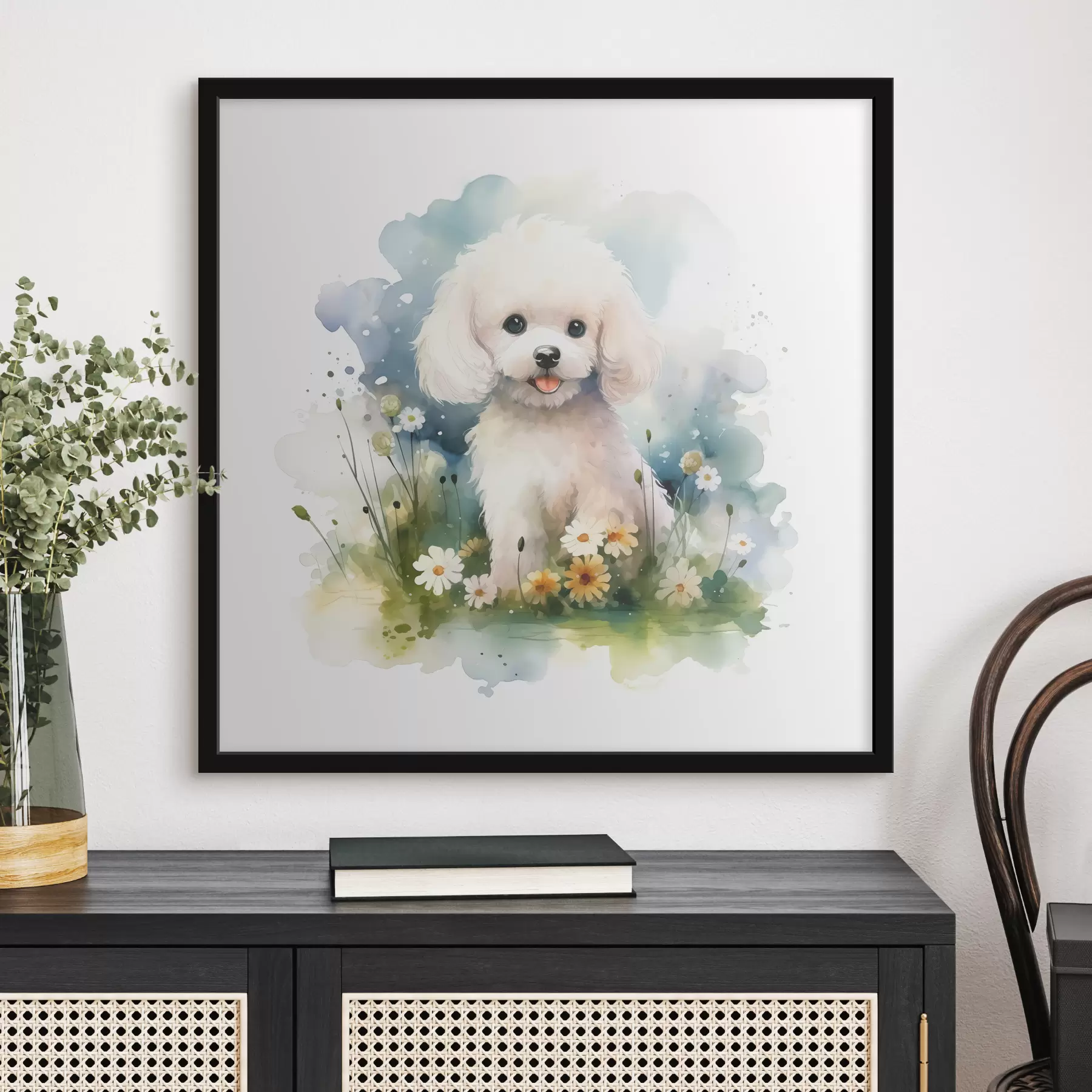 carta da parati Piccolo barboncino bianco seduto in un acquerello di fiori nr. f39928